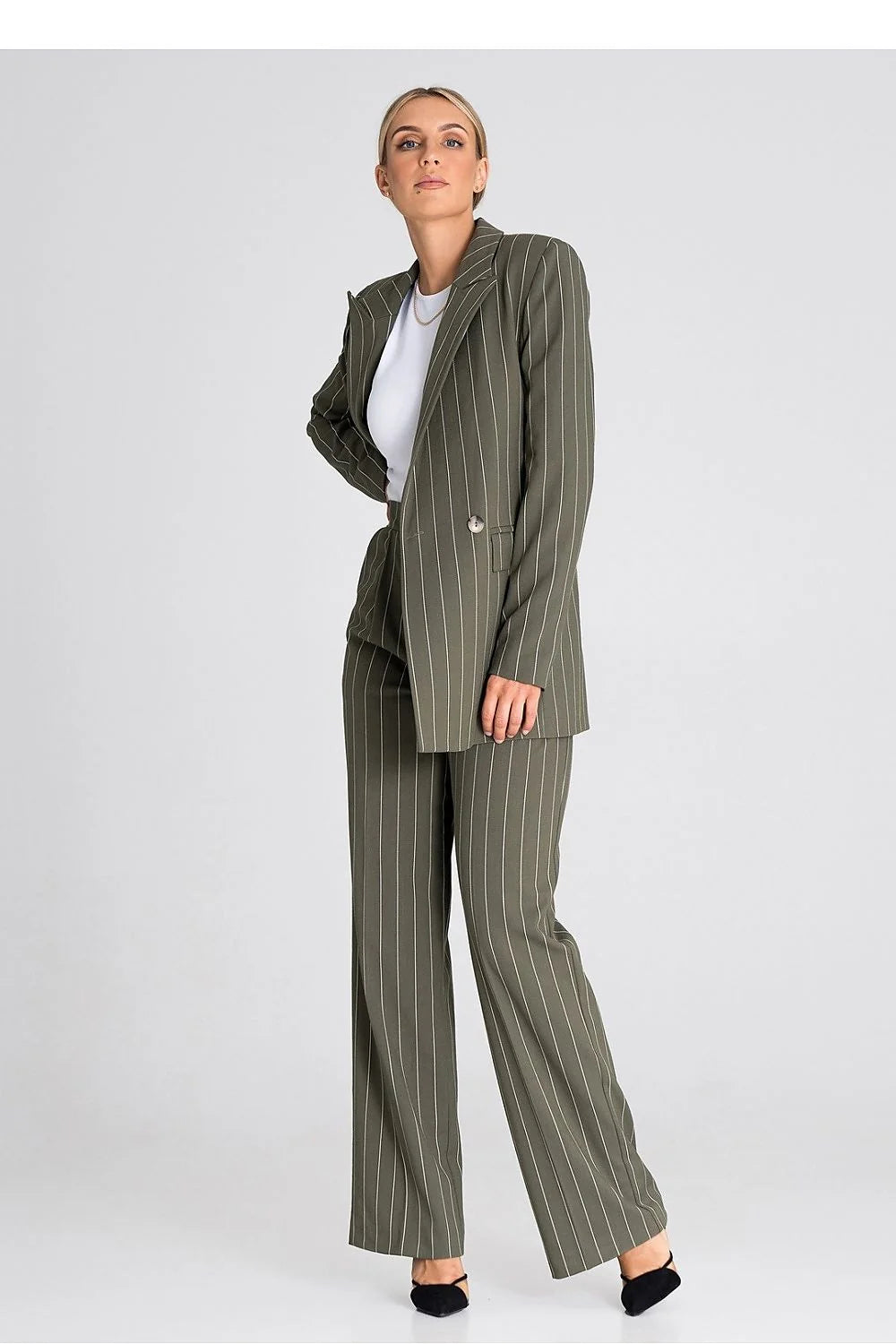 Veste blazer à manches longues double boutonnage style professionnel vert olive rayures blanches femme taille ajustable