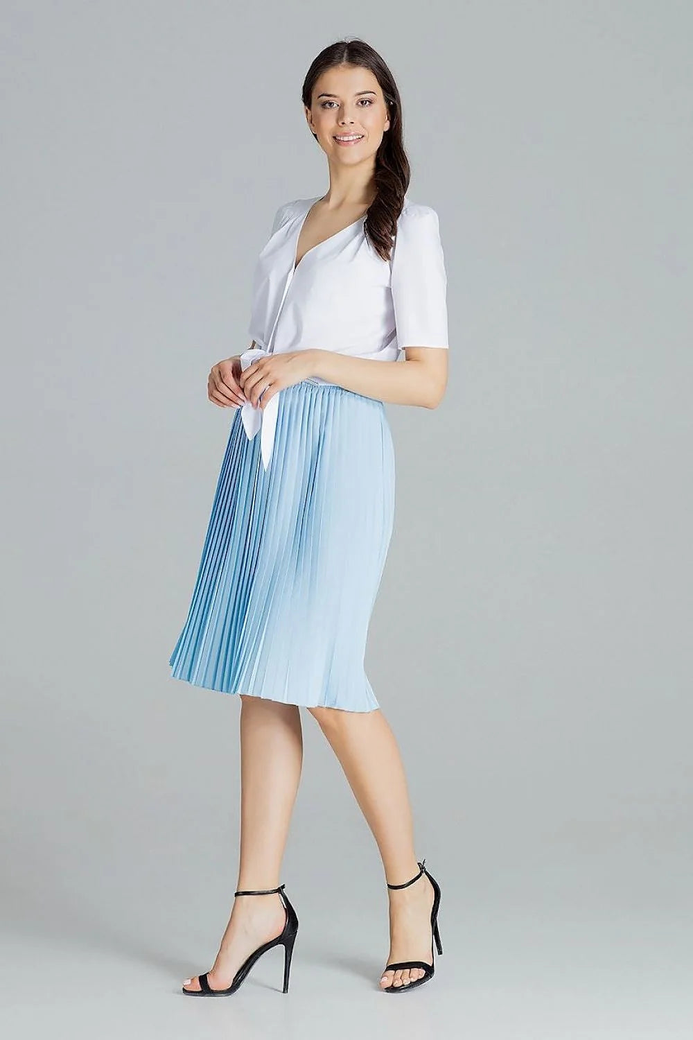 robe femme coton élégante motifs géométriques bleu pastel manches bouffantes décolleté noeud taille jupe plissée midi fluide soyeuse