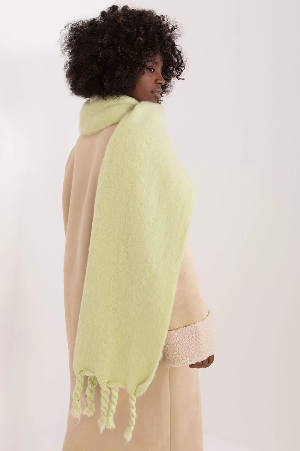 Écharpe longue en duvet vert pastel pour femme, style intemporel, hiver, automne, accessoire mode, matériau doux, finitions élégantes, longueur versatile, style décontracté, cadeau idéal, châle douillet