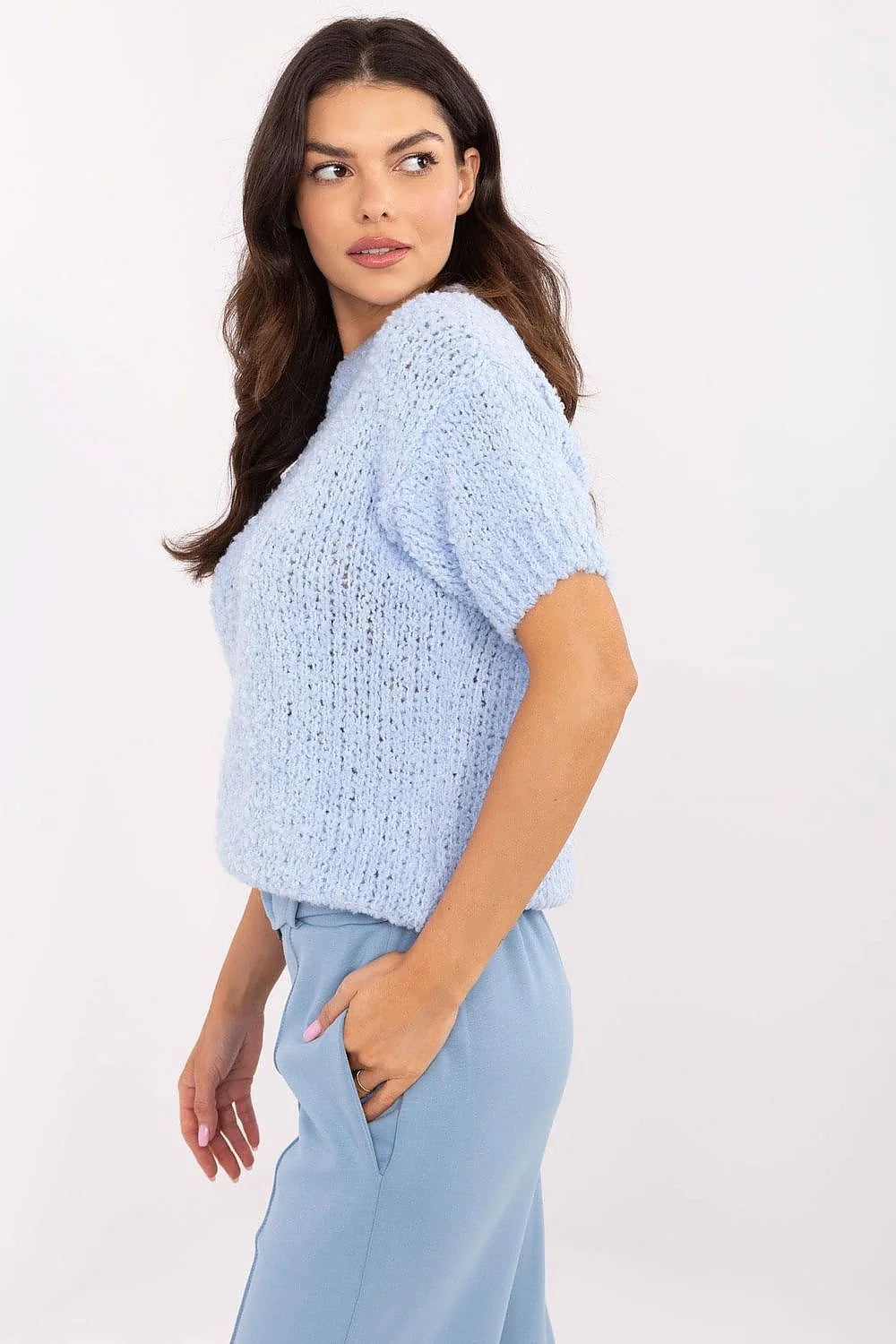 Pull à manches courtes Italy Moda ensemble deux pièces bleu pastel pantalon droite femmes casual chic printemps été