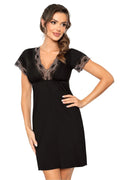 Chemise de nuit Donna en viscose dentelle noire manches courtes décolleté V taille élastiquée femmes confortable sexy