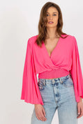 Chemisier femme mode élégant moderne cache-cœur manches longues plissées taille smockée rose vif polyester elasthanne