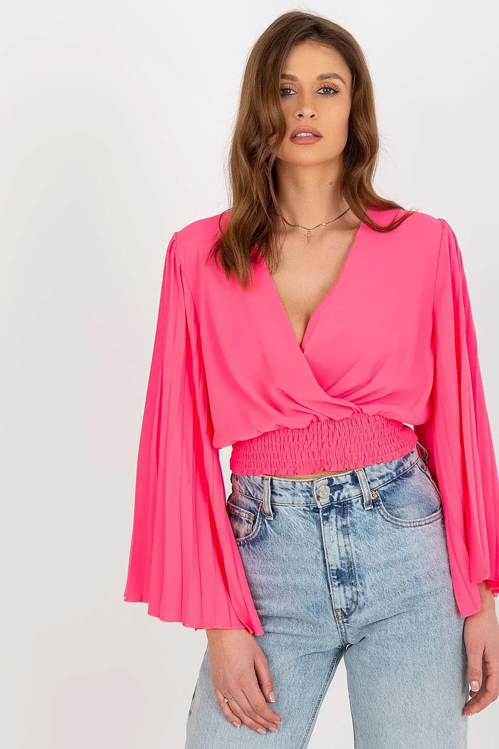 Chemisier femme mode élégant moderne cache-cœur manches longues plissées taille smockée rose vif polyester elasthanne