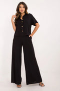 ensemble femme moderne élégant viscose légère fluide noir coupe ample manches courtes boutons dorés pantalon taille haute jambes larges poches