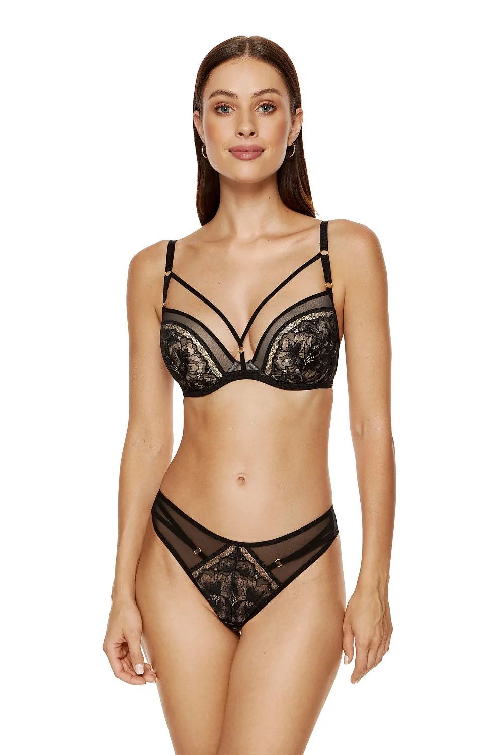 ensemble lingerie femme noir dentelle florale pushup balconnet armatures rembourrage tulle transparent culotte taille basse bretelles réglables anneaux dorés