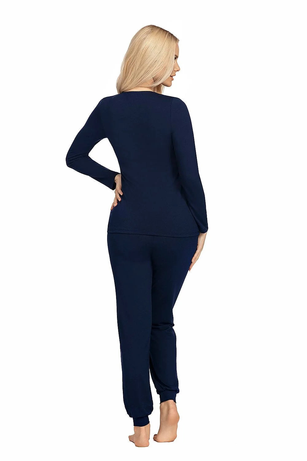 Pyjama femme deux pièces doux stretch bleu marine dentelle encolure V manches longues pantalon élastique