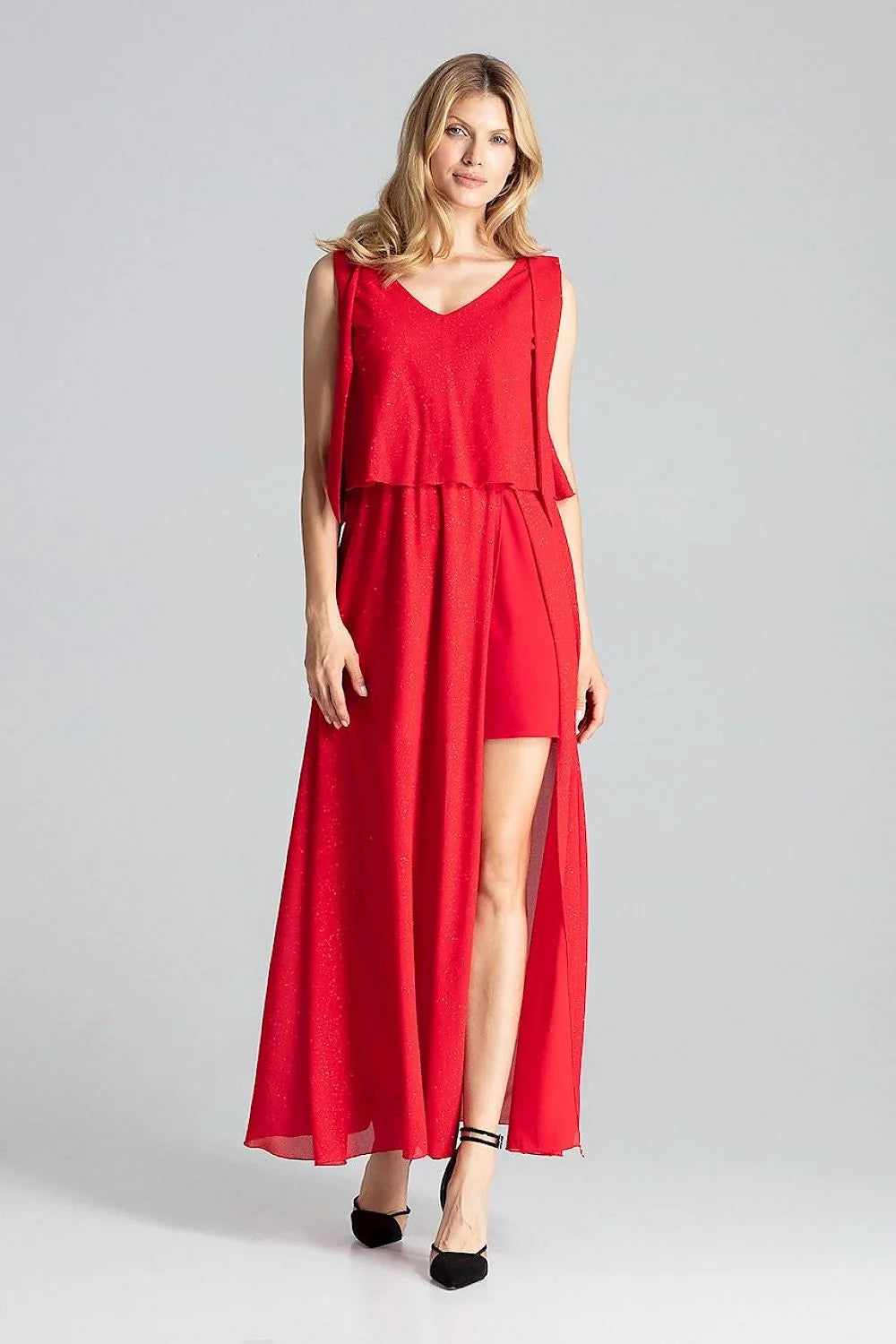 robe soirée longue rouge vif élégante cocktail polyester stretch col V profond sans manches taille élastiquée fente latérale