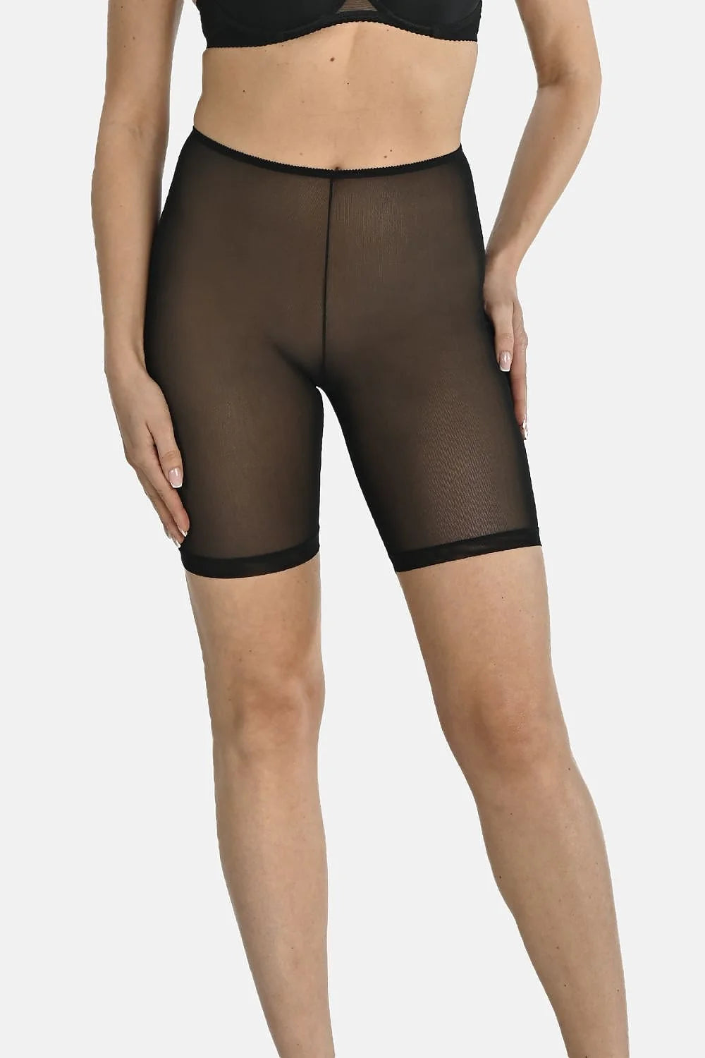 Shorty gainant femme maille noire haute taille mid-thigh transparence élastique confort respirabilité