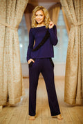 ensemble pyjama femme viscose élasthanne extensible confortable anti déformation manches longues volant tulle pantalon poches taille élastique bleu marine élégant