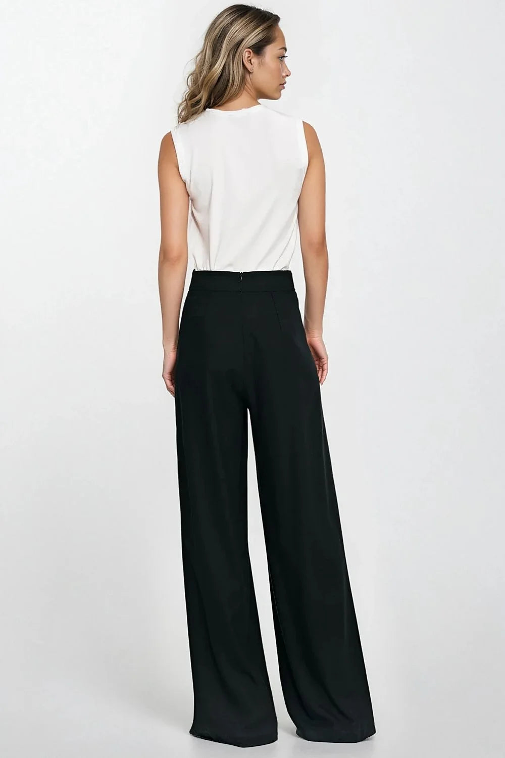 Pantalon long large femme style palazzo taille haute plis décoration tissu fluide noir confortable élégant