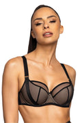 Soutien-gorge semi-complet Denise en noir tulle élastique mousse corsetée armatures verticales bretelles ajustables nœud zircon femme poitrine forte