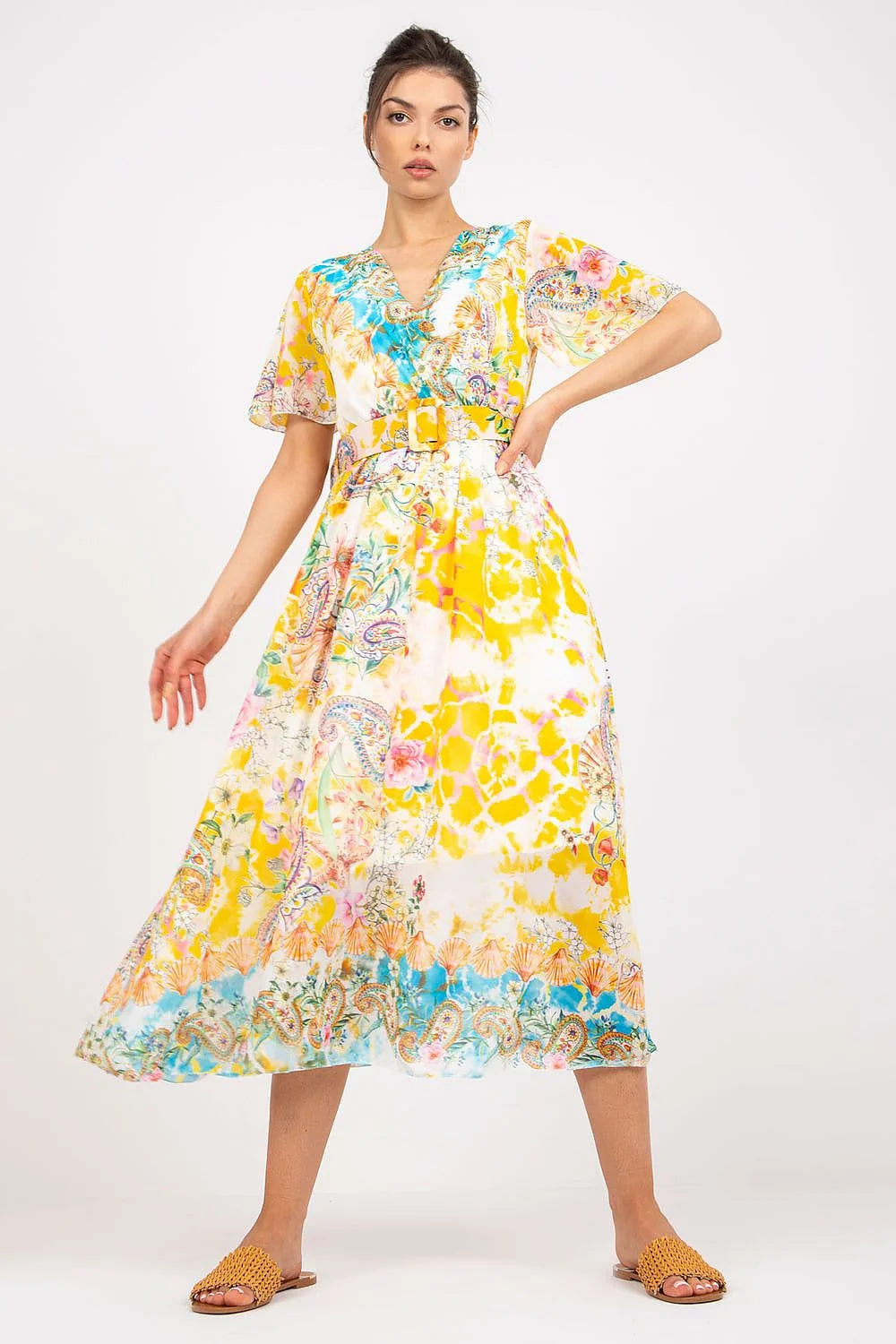 Robe estivale longue imprimé multicolore style décontracté viscose puffed sleeves ceinture large occasions diverses femmes