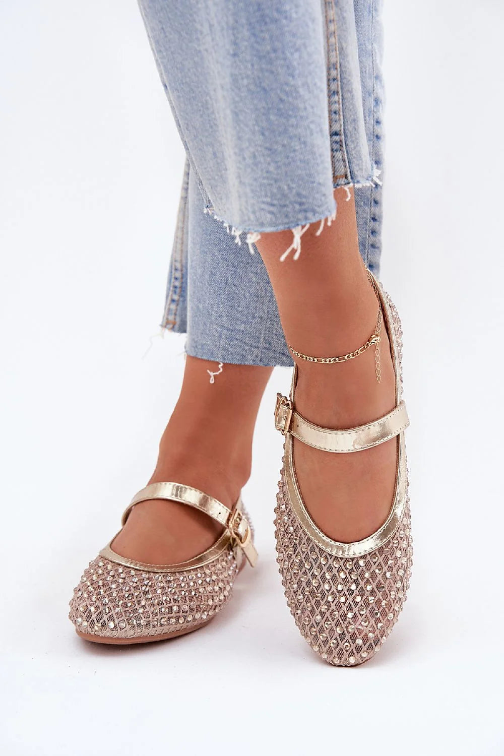 ballerines maryjane rose métallisé mesh tressage losange strass scintillants bride réglable boucle dorée bout arrondi talon plat confort intemporelle