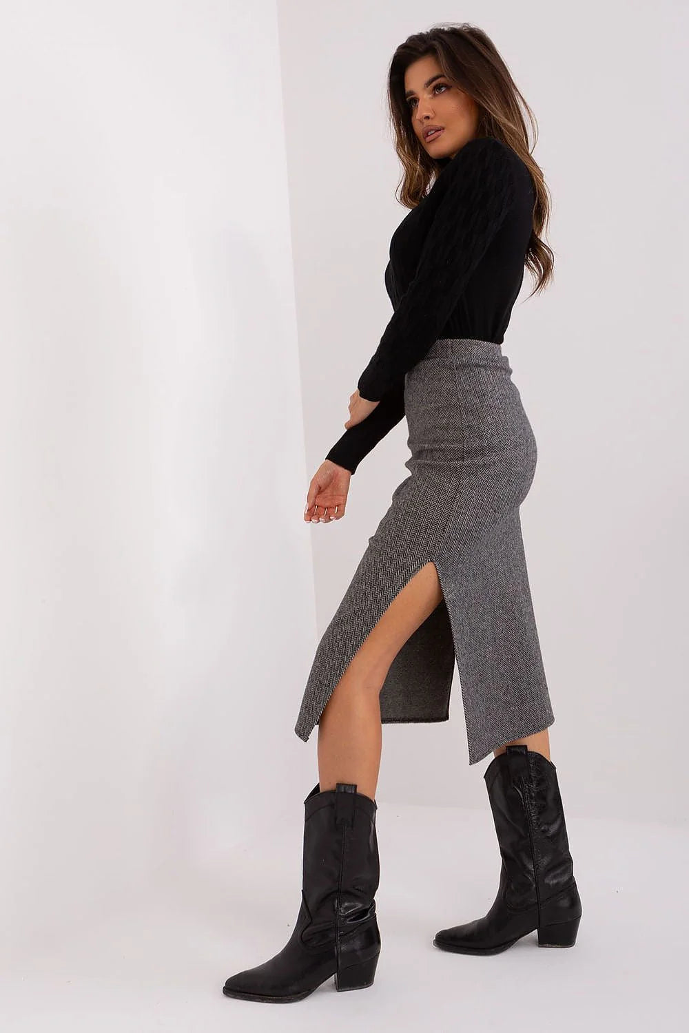 jupe midi crayon taille haute péplum maille coton élasthanne texturée chevrons gris fente latérale cintrée élégante