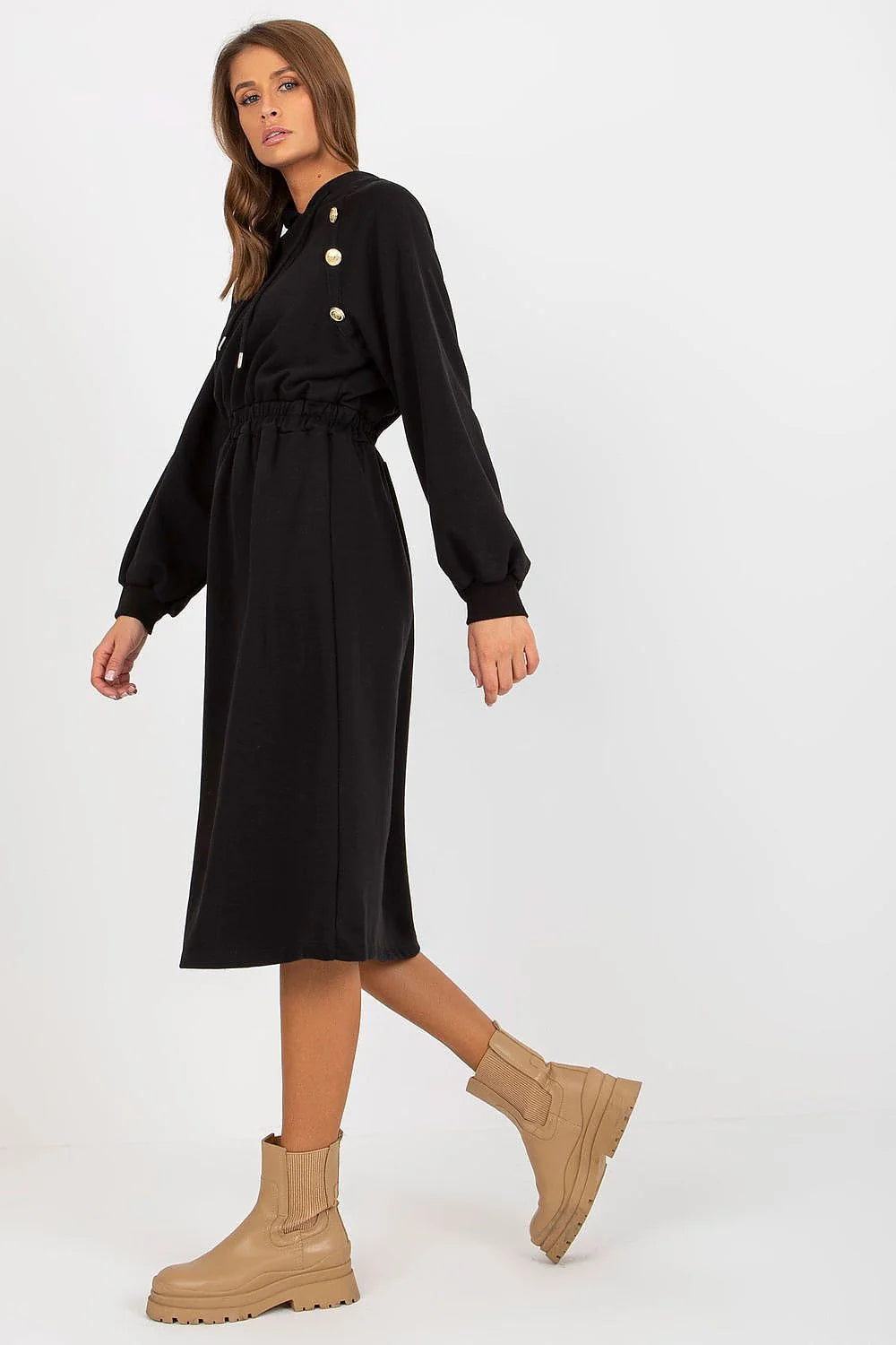 Robe de jour Relevance en coton et elasthanne, manches longues, capuche, boutons decoratifs, couleur verte, style casual, pour femme