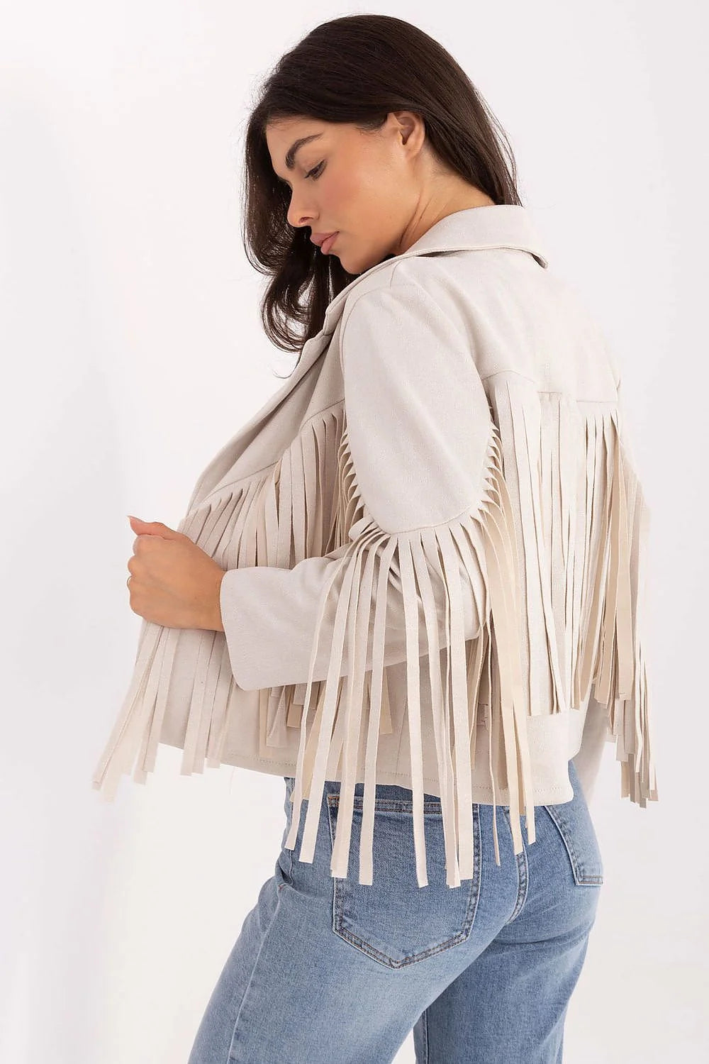 veste blazer femme courte suédine beige franges longues buste manches col tailleur coupe droite cropped bohème western élégante
