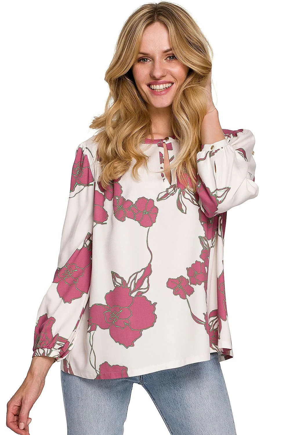 Chemisier viscose floral romantique manches ballon ajustable élégant pour femme chic et décontractée