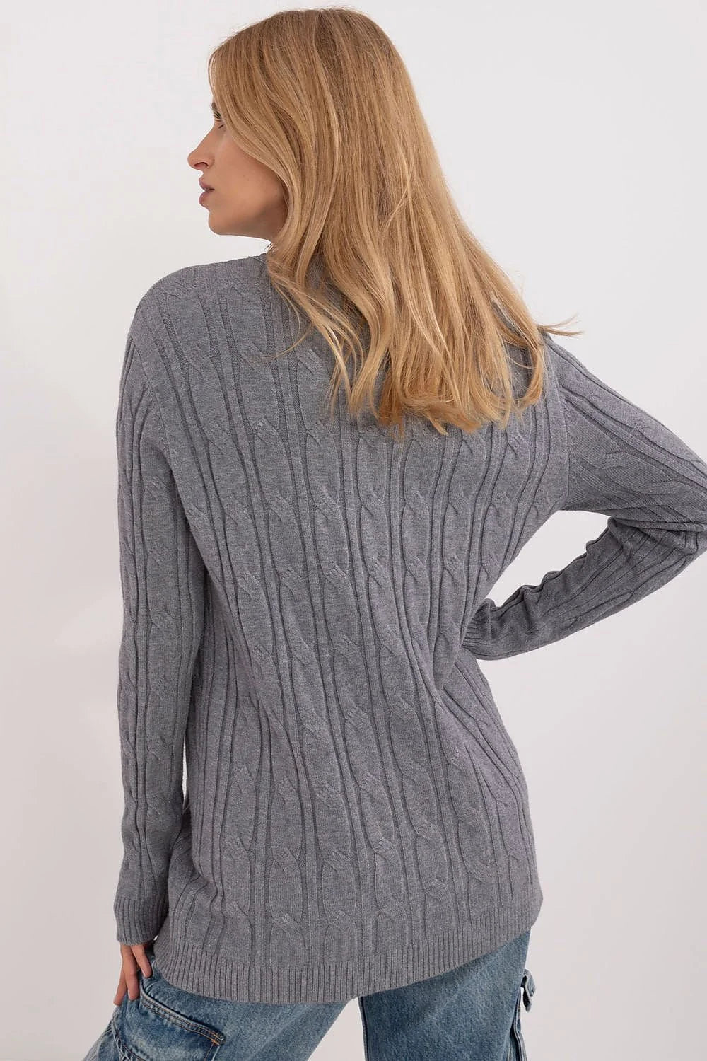Pull-over féminin casual moderne avec motif torsadé gris manches longues coupe ample en maille douce et élastique