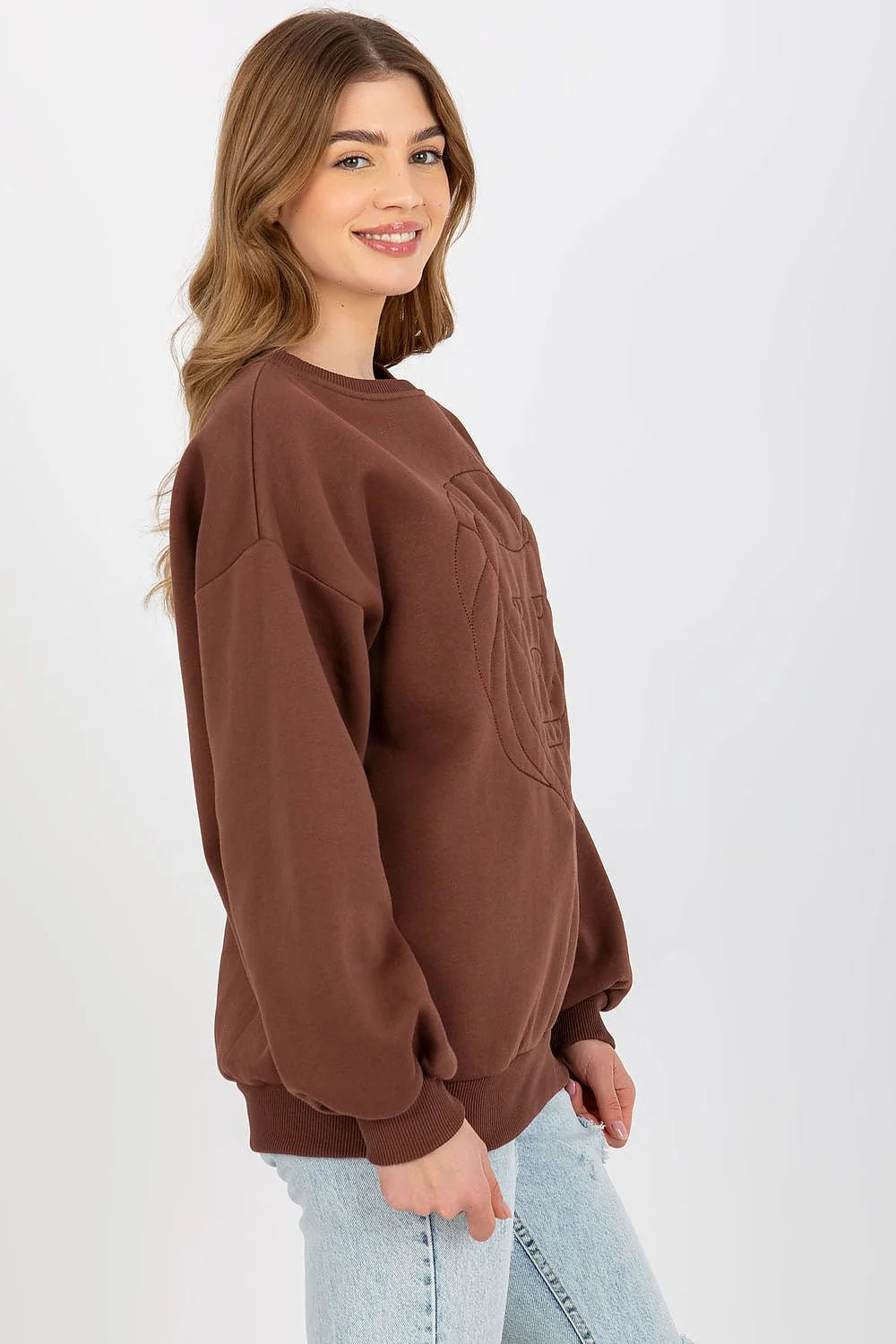 sweatshirt femme oversize marron molleton épais doublure chaude col rond manches ballon épaules tombantes bords côtes poignets broderie tête lion