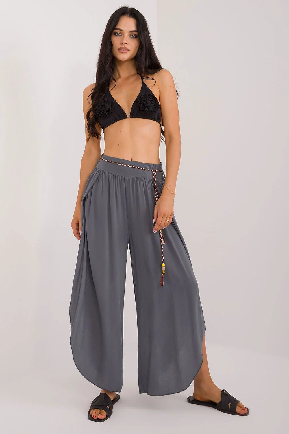 Pantalon femme style palazzo ample couleur gris anthracite taille élastique ceinture corde fleurs relief décontracté été