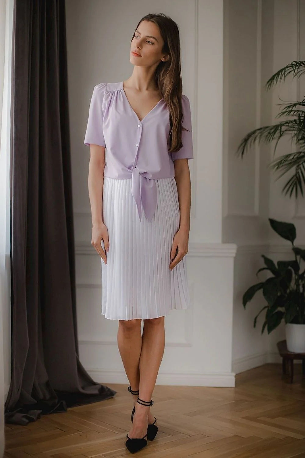 robe femme coton élégante motifs géométriques bleu pastel manches bouffantes décolleté noeud taille jupe plissée midi fluide soyeuse