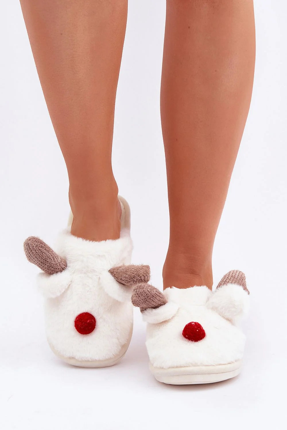 Pantoufles pour femme en textile pelucheux motif renne doux et confortable Noel hiver ouverture arrière