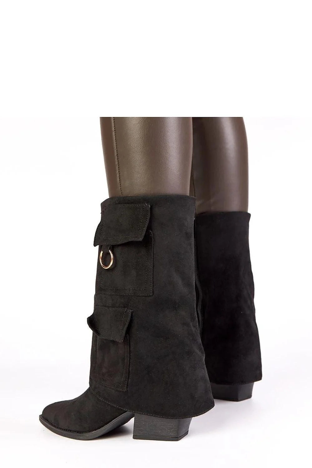 bottines noires suède femme talon carré bas 7cm mi mollet fermeture zippée poches rabat anneau métallique élégantes polyvalentes confortables
