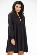 Robe de jour élégante design trapeze manches longues décolleté V profond tissu fluide polyester elastane taille ajustable femme