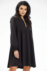 Robe de jour élégante design trapeze manches longues décolleté V profond tissu fluide polyester elastane taille ajustable femme