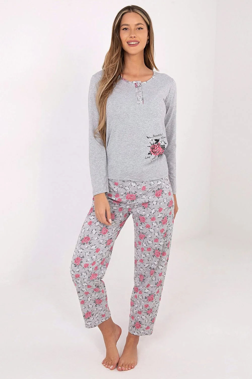 pyjama femme manches longues col rond patte décorative trois boutons fleur imprimée gris chiné pantalon droit taille élastique