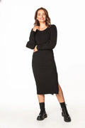 robe midi noire ajustée tessita manches longues bouffantes encolure ronde maille jersey extensible coton polyester 70 30 fente latérale bodycon