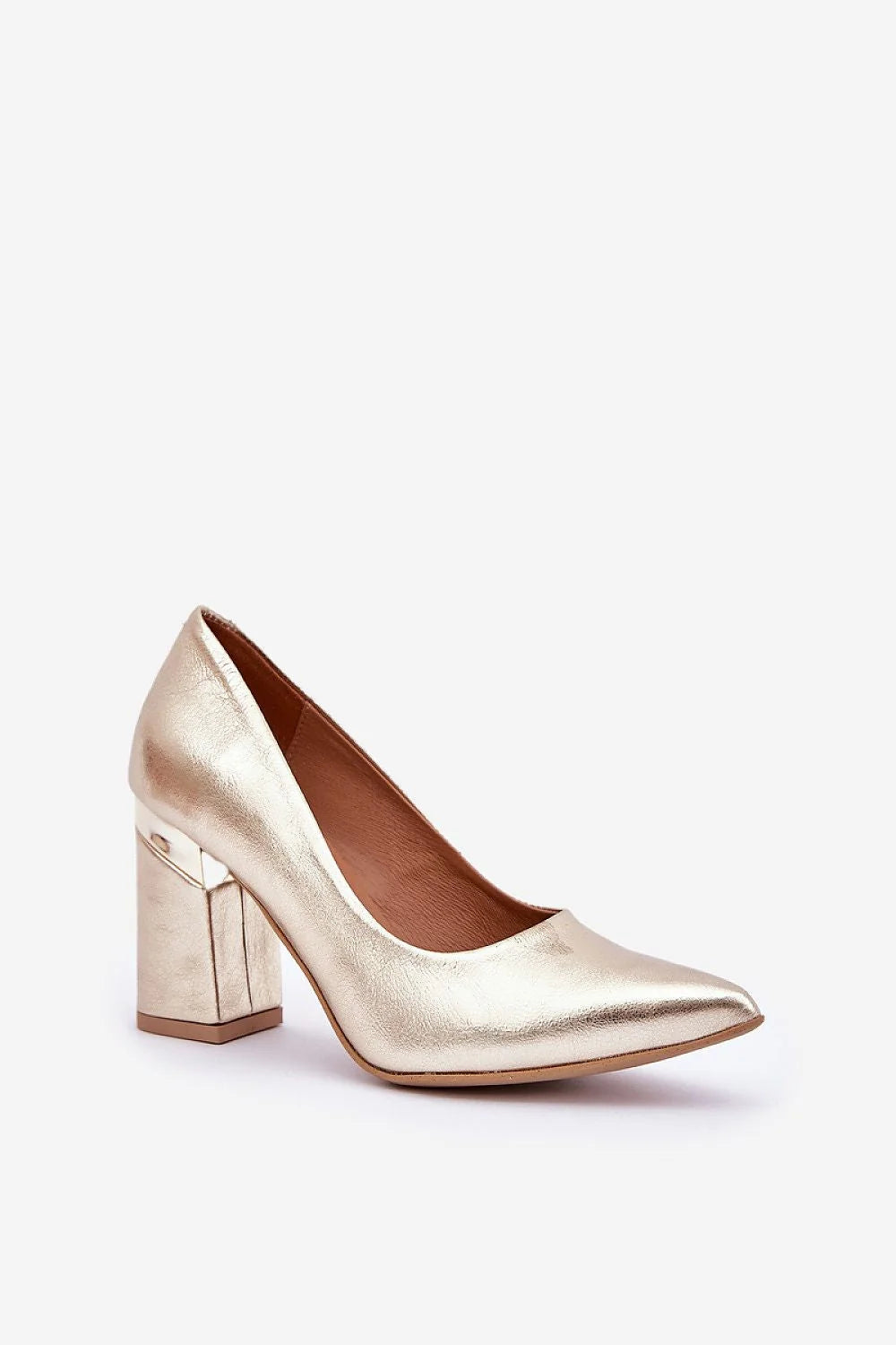 Escarpins élégants à talon large en cuir doré métallisé, pointu, semelle intérieure confortable, idéal pour soirées et mariages, femme