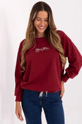 sweatshirt femme bordeaux coton molleton doux coupe loose encolure ronde manches longues poignets côtelés cordon réglable imprimé poitrine