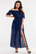 Robe de jour awama longue en mousseline soie doublure élastiquée fentes côté manches 3/4 élastiques polyester 100% taille ajustable femme