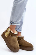 bottes neige femme suède marron foncé fourrure crème visible plateforme épaisse crantée antidérapante sans lacets arrondi jacquard