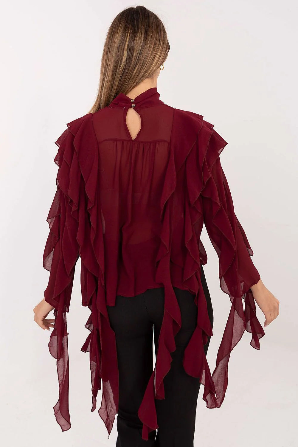chemise élégante femme soirée motif lisse viscose polyester douce extensible ajustée manches longues col roulé boutons volants décoratifs romantique chic