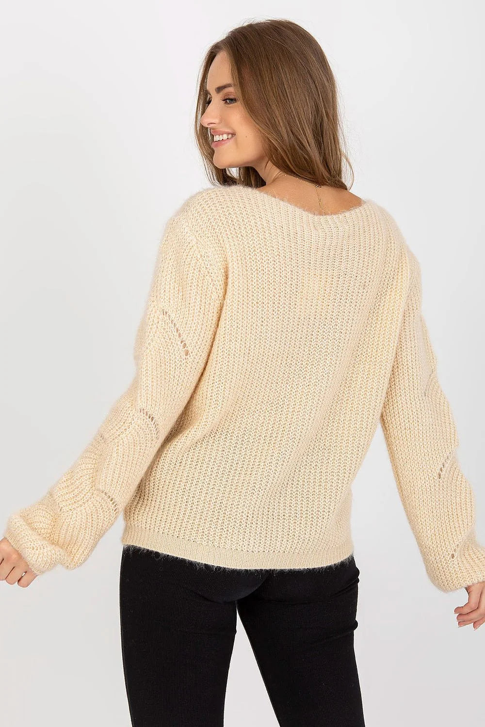 Pull ajouré à manches longues encolure bateau femme design vague maille acrylique moher laine crème polyvalent