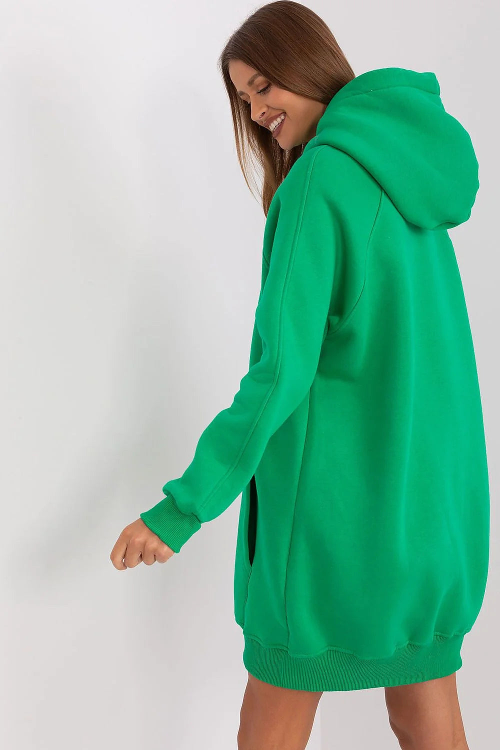 sweatshirt femme long oversize capuche cordons blancs poche kangourou manches raglan molletonné coton polyester chaud enveloppant décontracté vert émeraude
