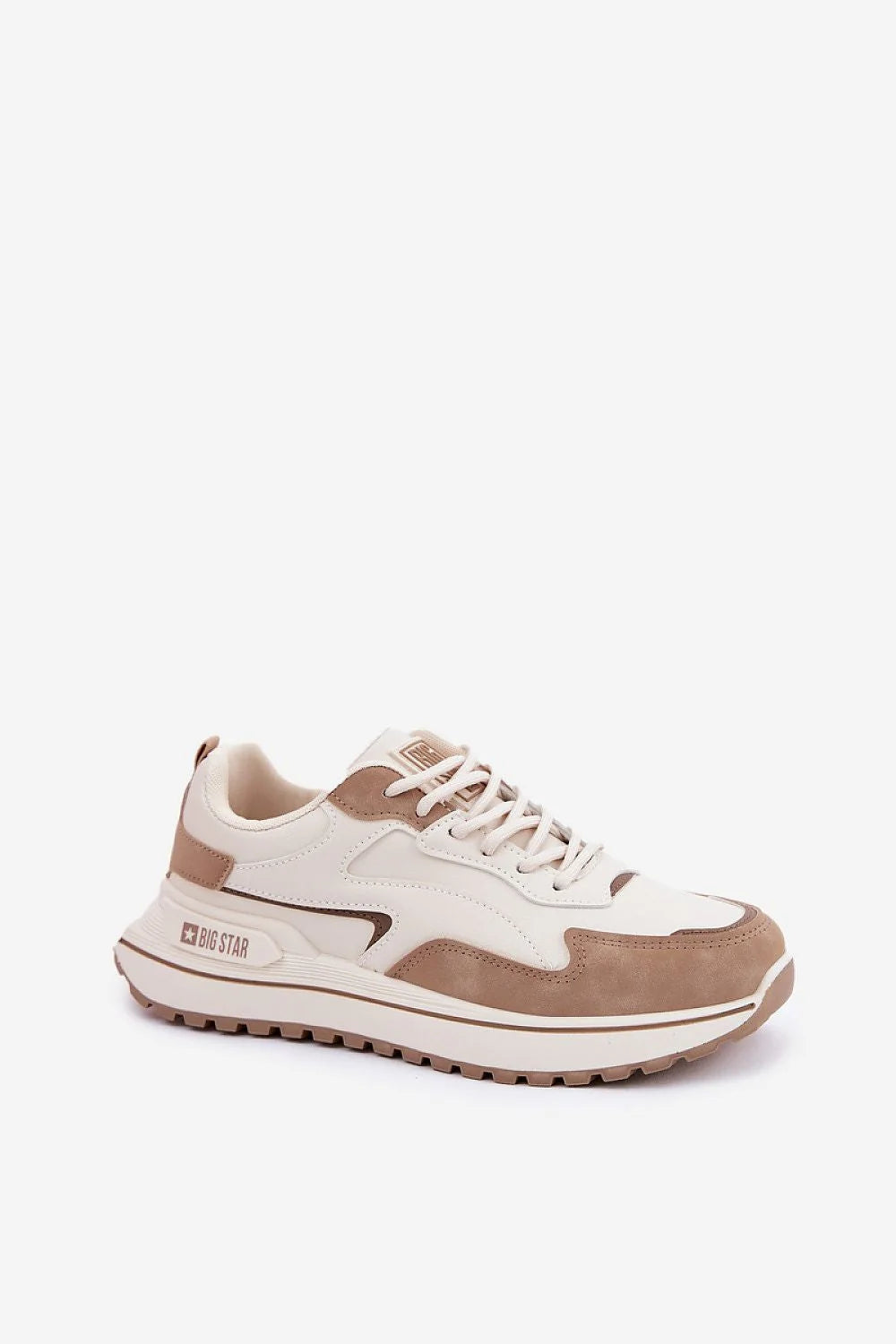 baskets femme beige crème taupe chunky basses plateforme crantée similicuir empiècements suédés col rembourré semelle caoutchouc antidérapante amorti
