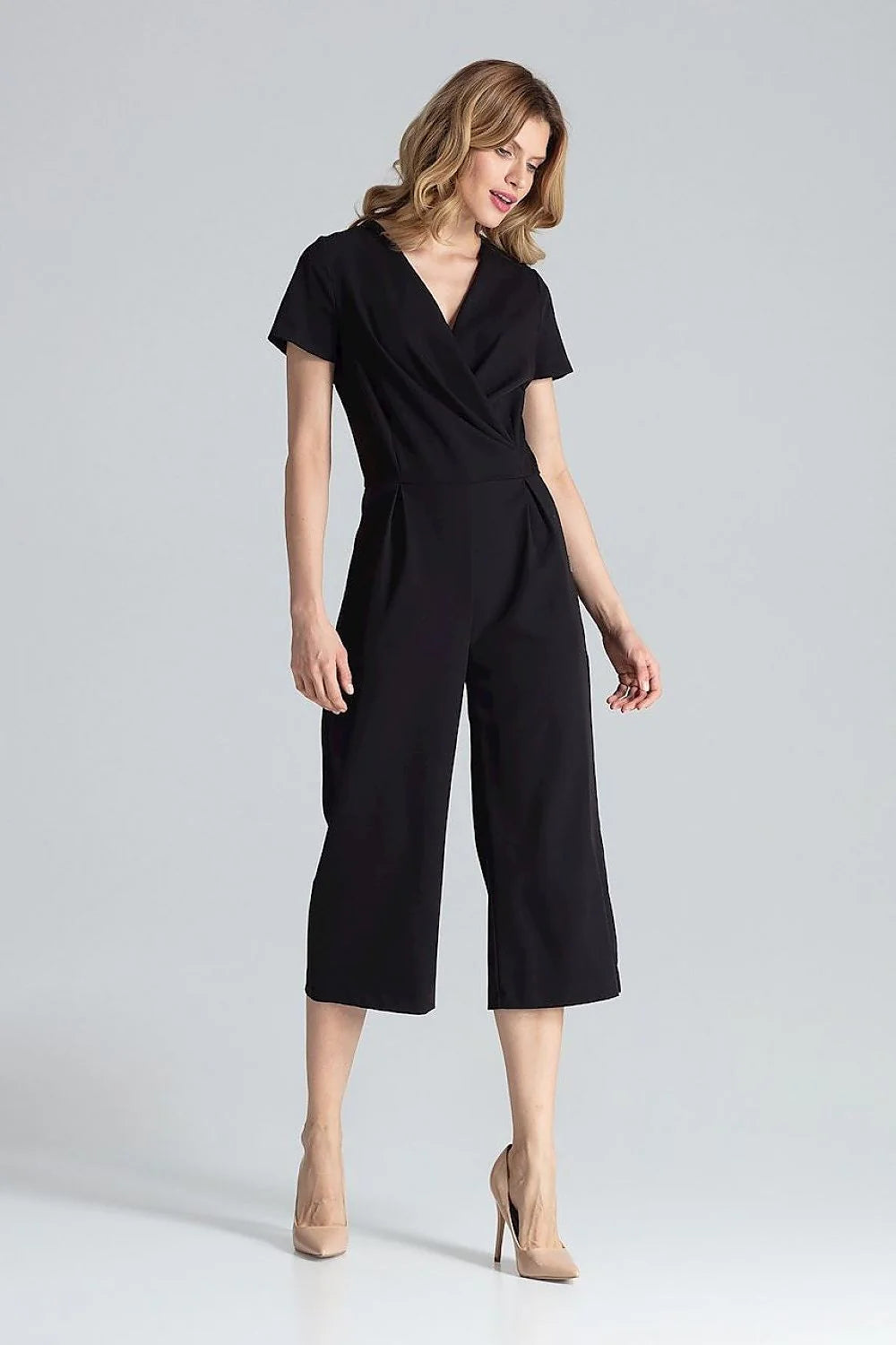 Figl combinaison corail vif cachecoeur manches courtes taille cintrée pinces soignées tissu fluide structuré polyester viscose poches latérales fermeture glissière
