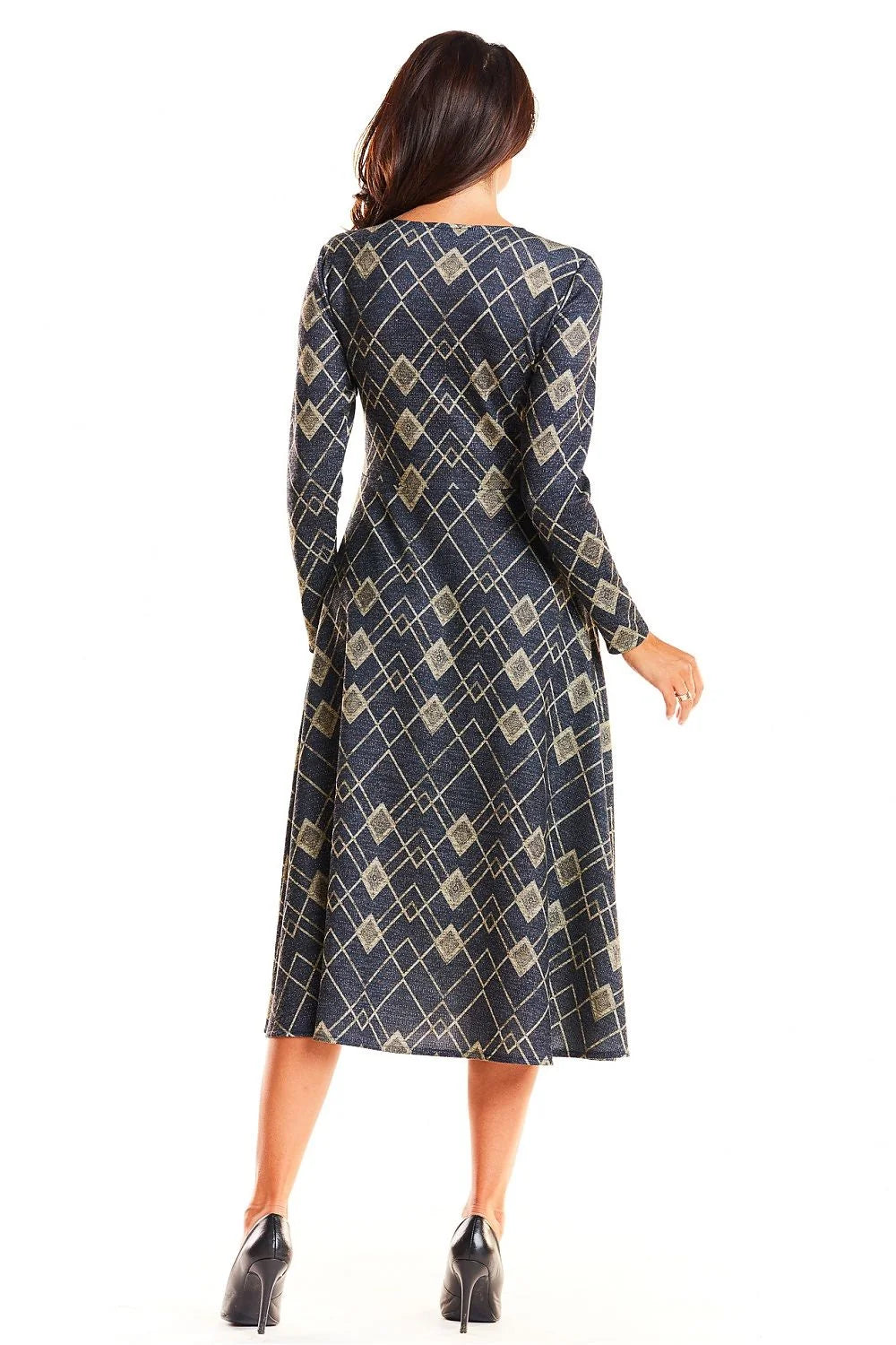 Robe évasée tissée élégante motifs géométriques dorés manches longues bleu marine style moderne féminine