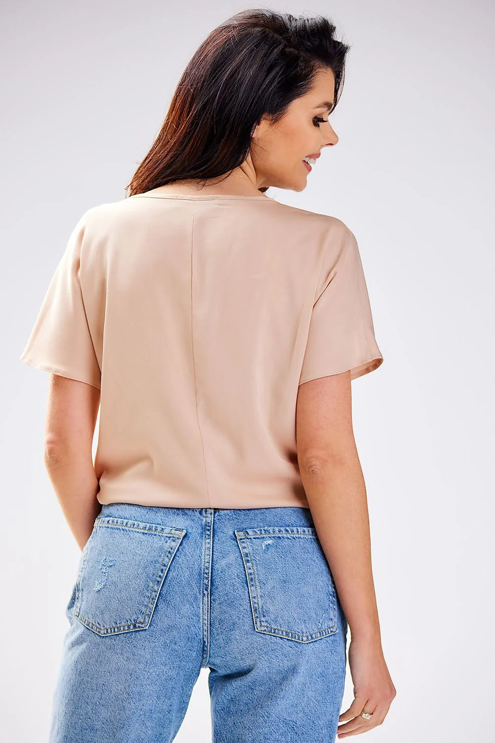 Ensemble casual femme chemisier awama top beige jeans vintage mom fit polyester viscose