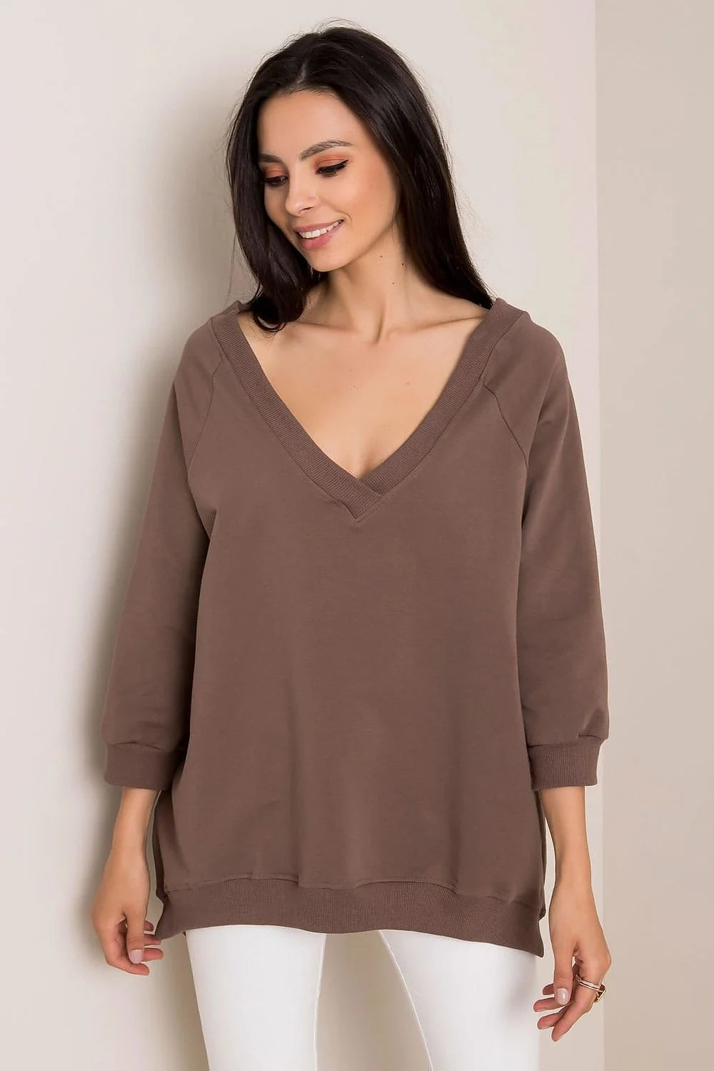Sweatshirt Rue Paris ample manches longues encolure V couleur brun terre cuite doux respirant féminin