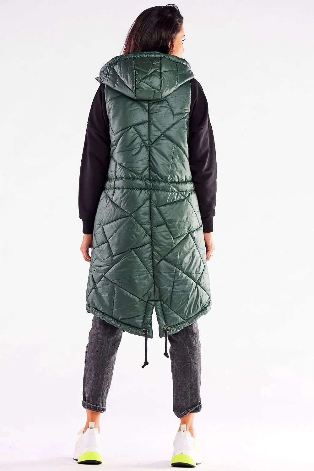 Gilet longue ligne épurée matelassé rouge femme automne hiver polyester 100% capuche cordon serrage poches