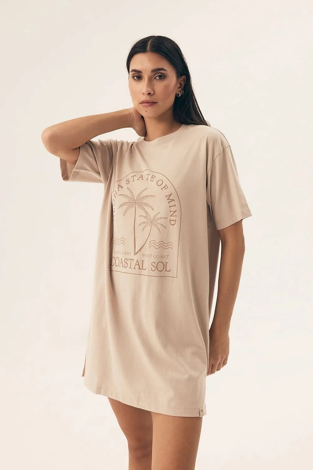 T-shirt ample décontracté pour femmes beige clair imprimé palmiers COASTAL SOL plage été