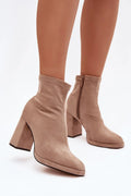 bottines femme suédine écologique taupe talon pilier haut bout amande tige stretch fermeture éclair latérale couture apparente semelle antidérapante confortable