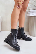 Bottes pour femmes élégantes en cuir noir lisse à talon moyen design moderne fermure zip latérale occasionnels