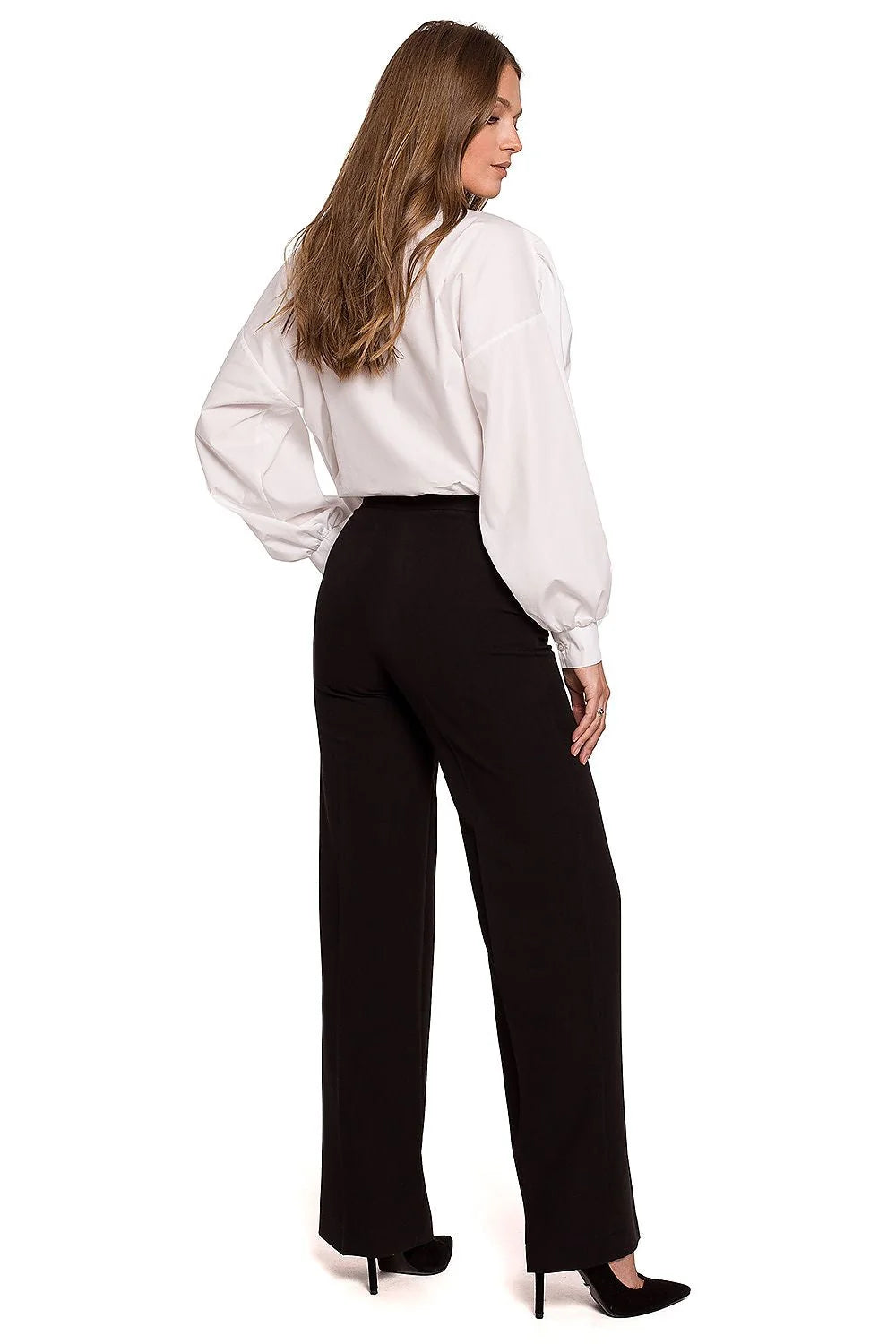 Pantalon Makover long droit taille haute structuré stretch élasthanne polyester rayon confortable ajusté élégant professionnel intemporel boutons dorés ourlets