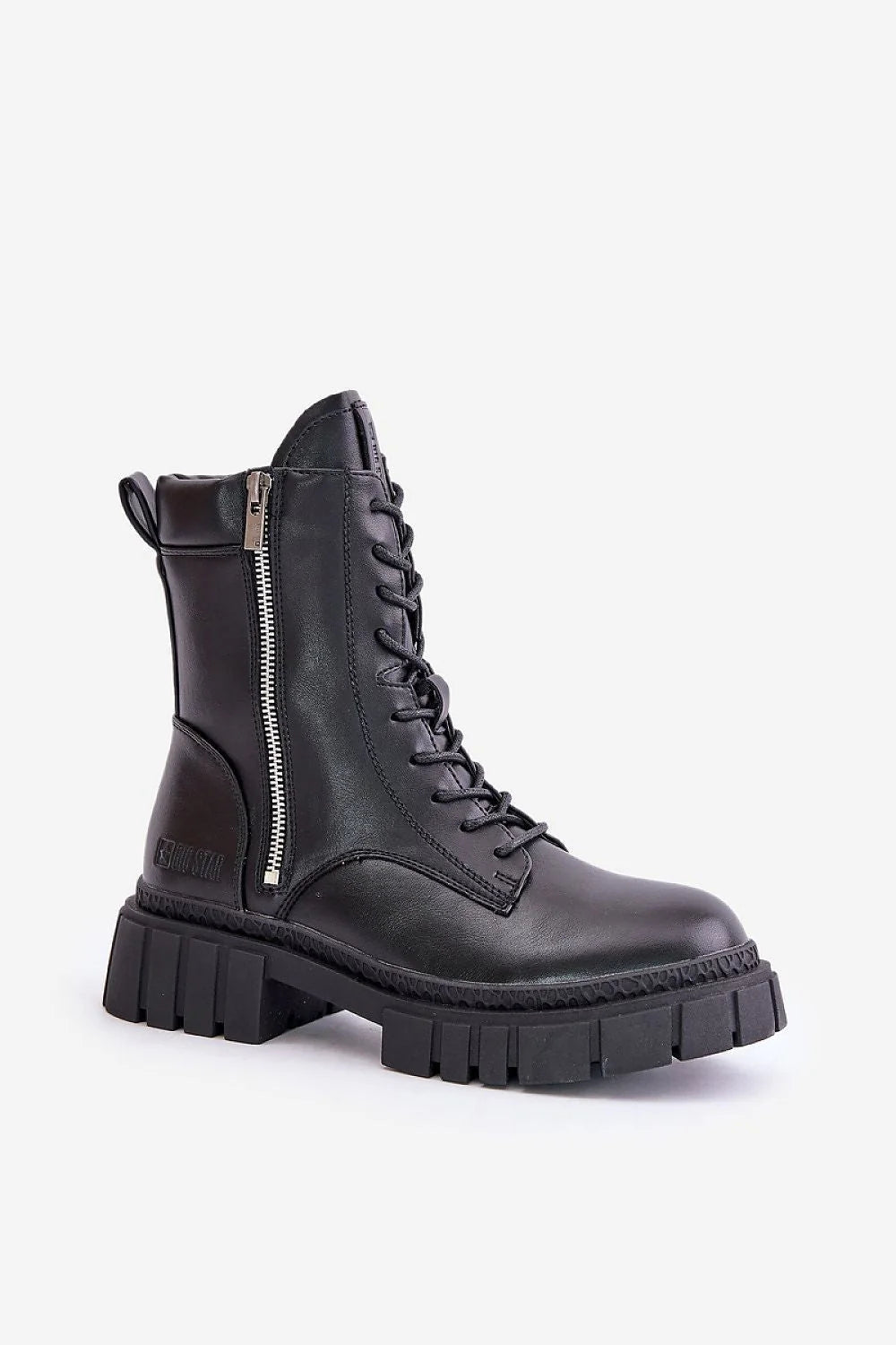 bottines biker femme noir cuir écologique montantes style combat lacets fermeture éclair surpiqûres coutures décoratives semelle crantée