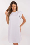 Robe de jour féminine en coton léger style évasé manches courtes volants motifs petits pois blanc noir taille ajustable femme